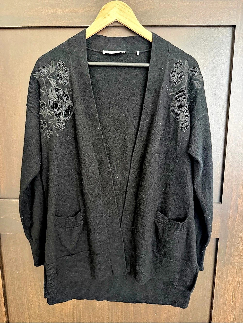 Sandro wool cashmere with Lace Panel Embroidered Cardigan in Black Size 1